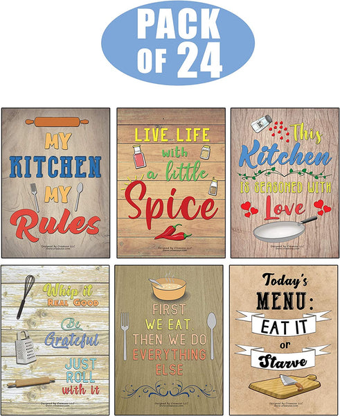 Creanoso Kitchen Quotes and Sayings Poster Prints (24-Pack) - Stocking Stuffers Gifts for Men Women Professionals Adults â€“ Cool Wall Art Decal DÃ©cor for Home Office Classroom Storage Room â€“ Great for Wall Hanging
