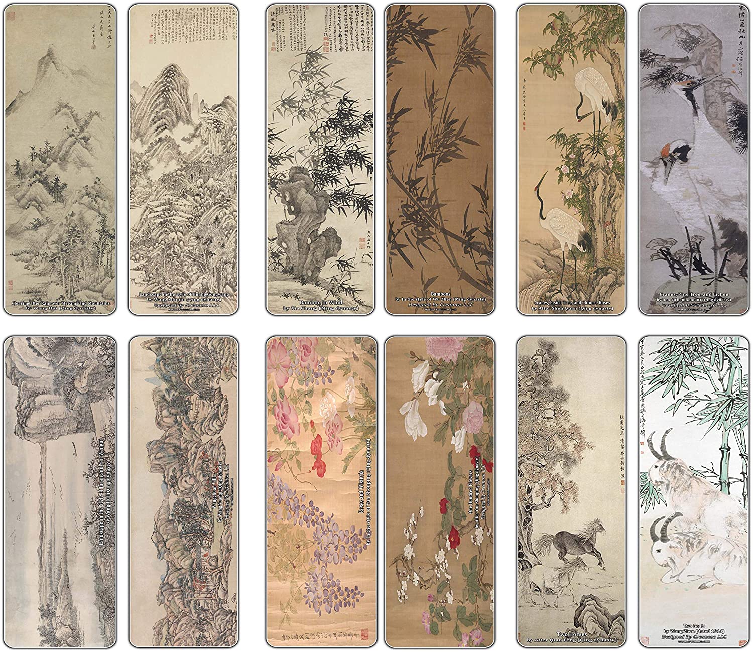 Creanoso Classic China Classical Arts Paintings Bookmarks (60-Pack) - Inspirational Chinese Art Impressions Bookmarker Card Set - Great Stocking Stuffers for Men, Women, Teens, Artists