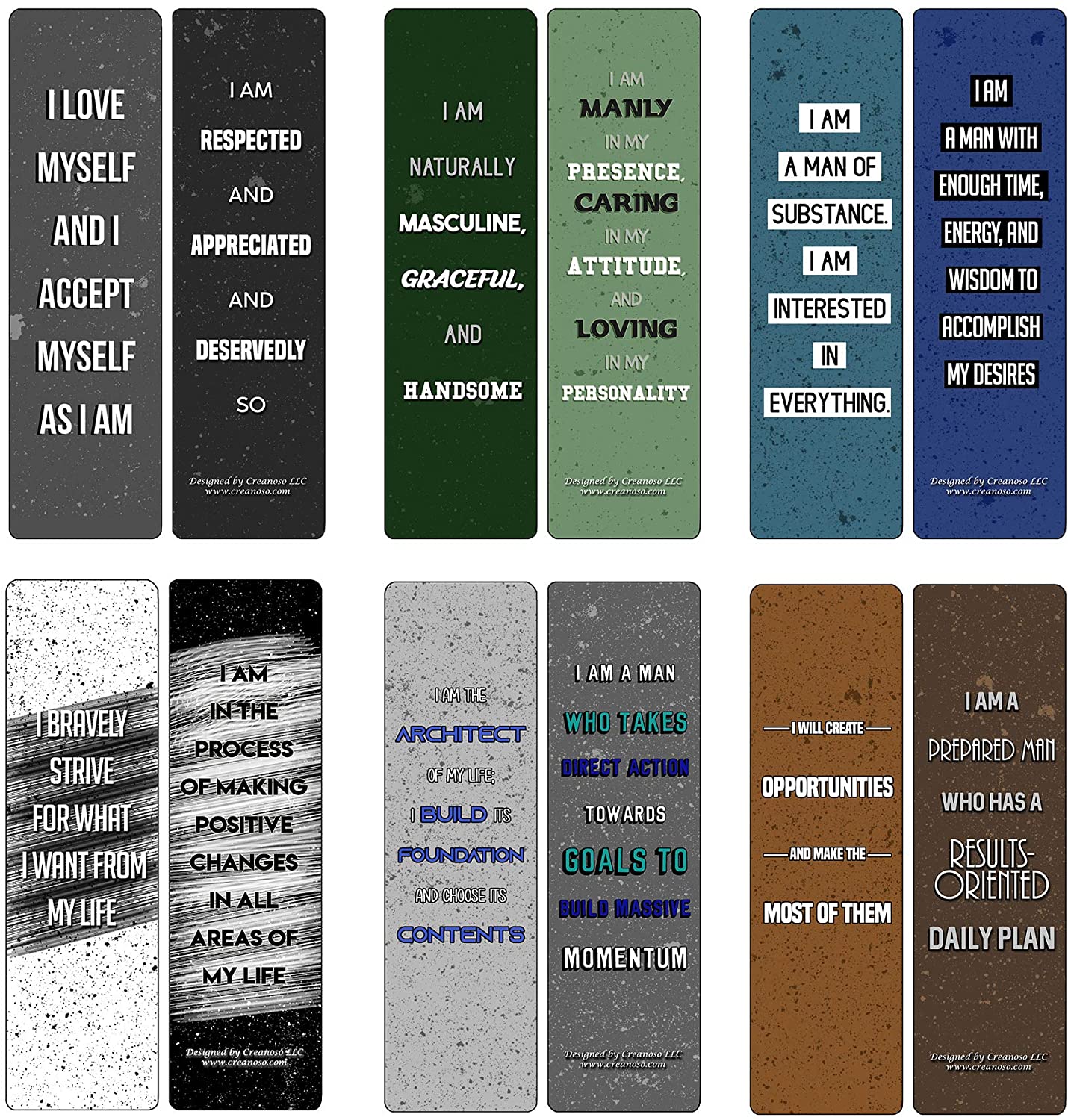 Creanoso Affirmation Cards for Men (60-Pack) - Six Assorted Quality Bookmarker Cards Bulk Set ÃƒÂ¢Ã¢â€šÂ¬Ã¢â‚¬Å“ Premium Gift for Bibliophiles, Bookworms, & Book Readers - Giveaways