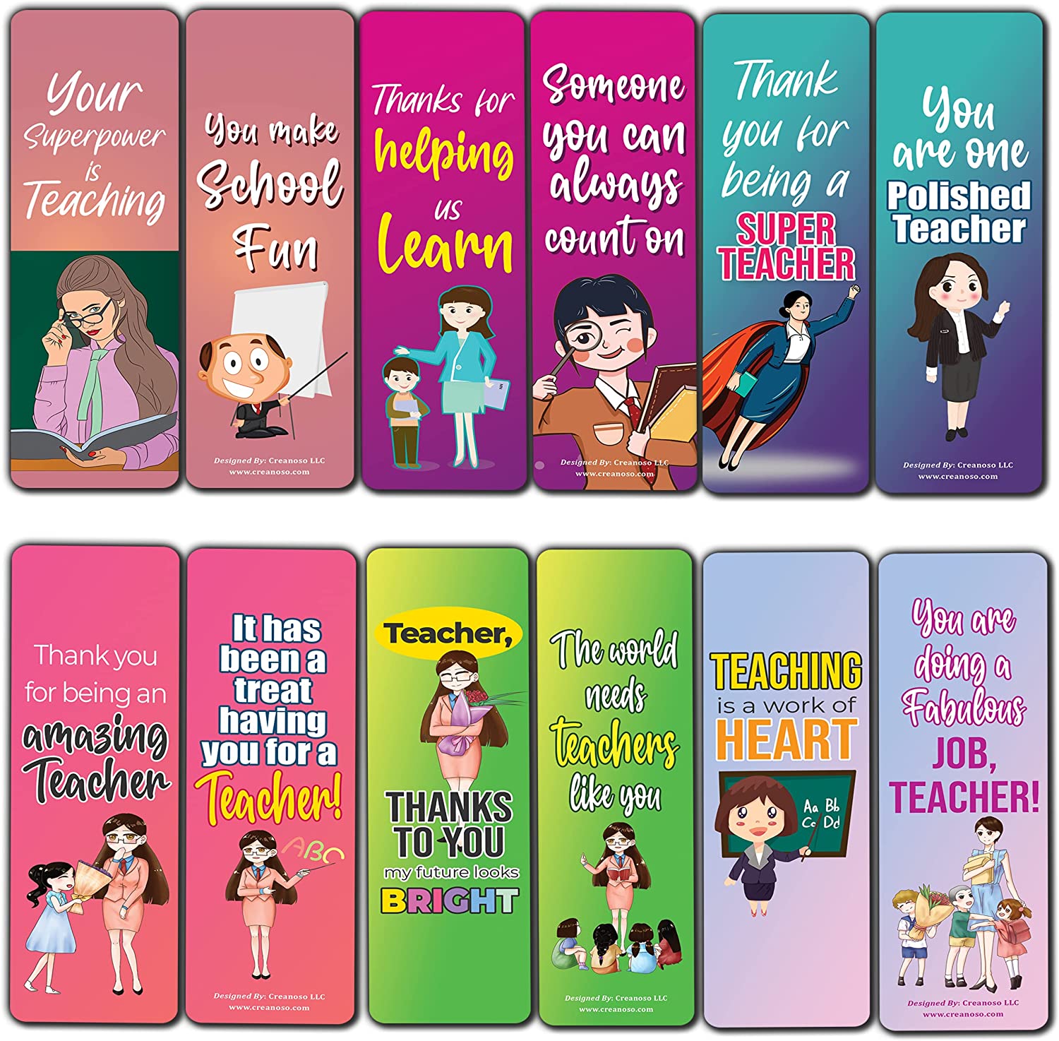 Creanoso Teacher Appreciation Bookmarks (10-Sets X 6 Cards) â€“ Daily Inspirational Card Set â€“ Interesting Book Page Clippers â€“ Great Gifts for Adults and Teens