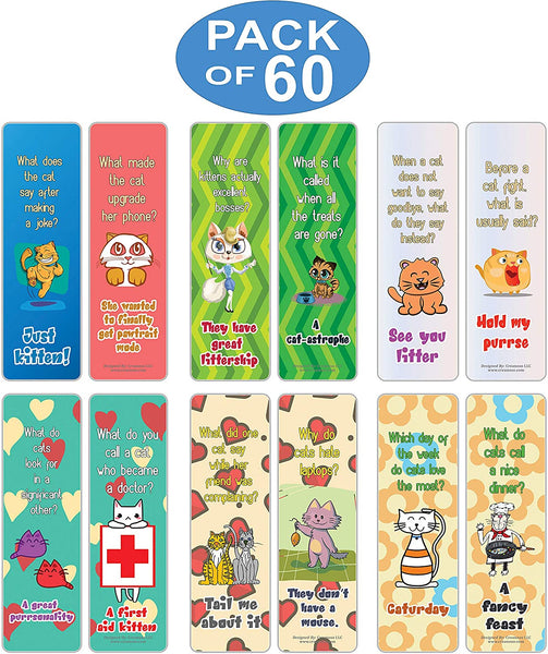 Creanoso Funny Cat Jokes Bookmarks Series 2 (60-Pack) â€“ Great Party Favors Card Set â€“ Epic Collection Set Book Page Clippers â€“ Cool Gifts for Men, Women, Teens, Bookworms â€“ DIY Kit â€“ Teacher Rewards