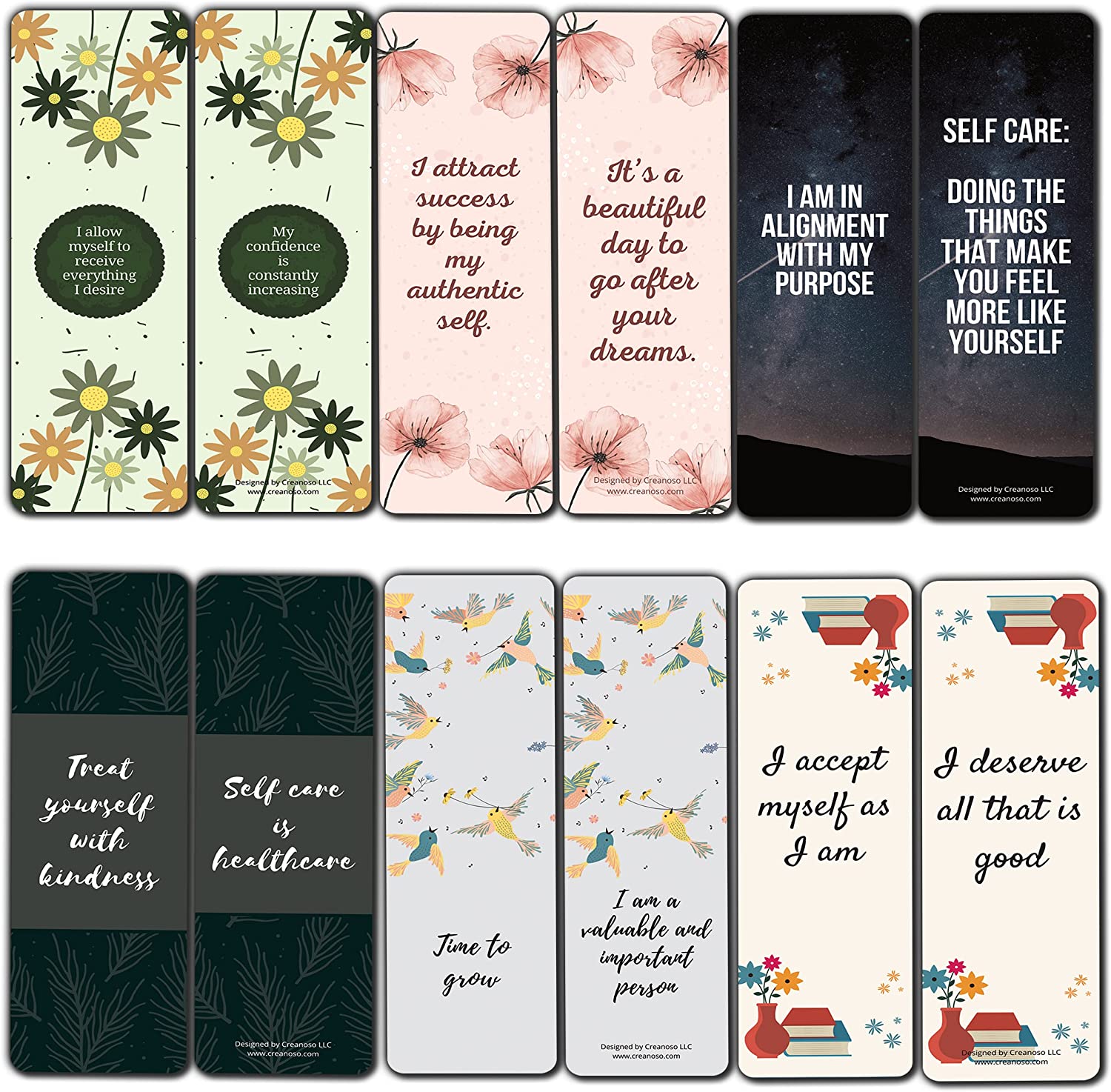 Creanoso Self-Love and Care Bookmarks Series 1 (5-Sets X 6 Cards) â€“ Daily Inspirational Card Set â€“ Interesting Book Page Clippers â€“ Great Gifts for Adults and Teens