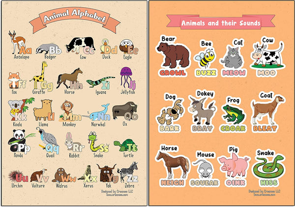 Creanoso Learning Posters - Animals (12-Pack) - Premium Buy Bulk Pack Quality Teaching Guide for Homeschool Nursery Kindergarten Classroom