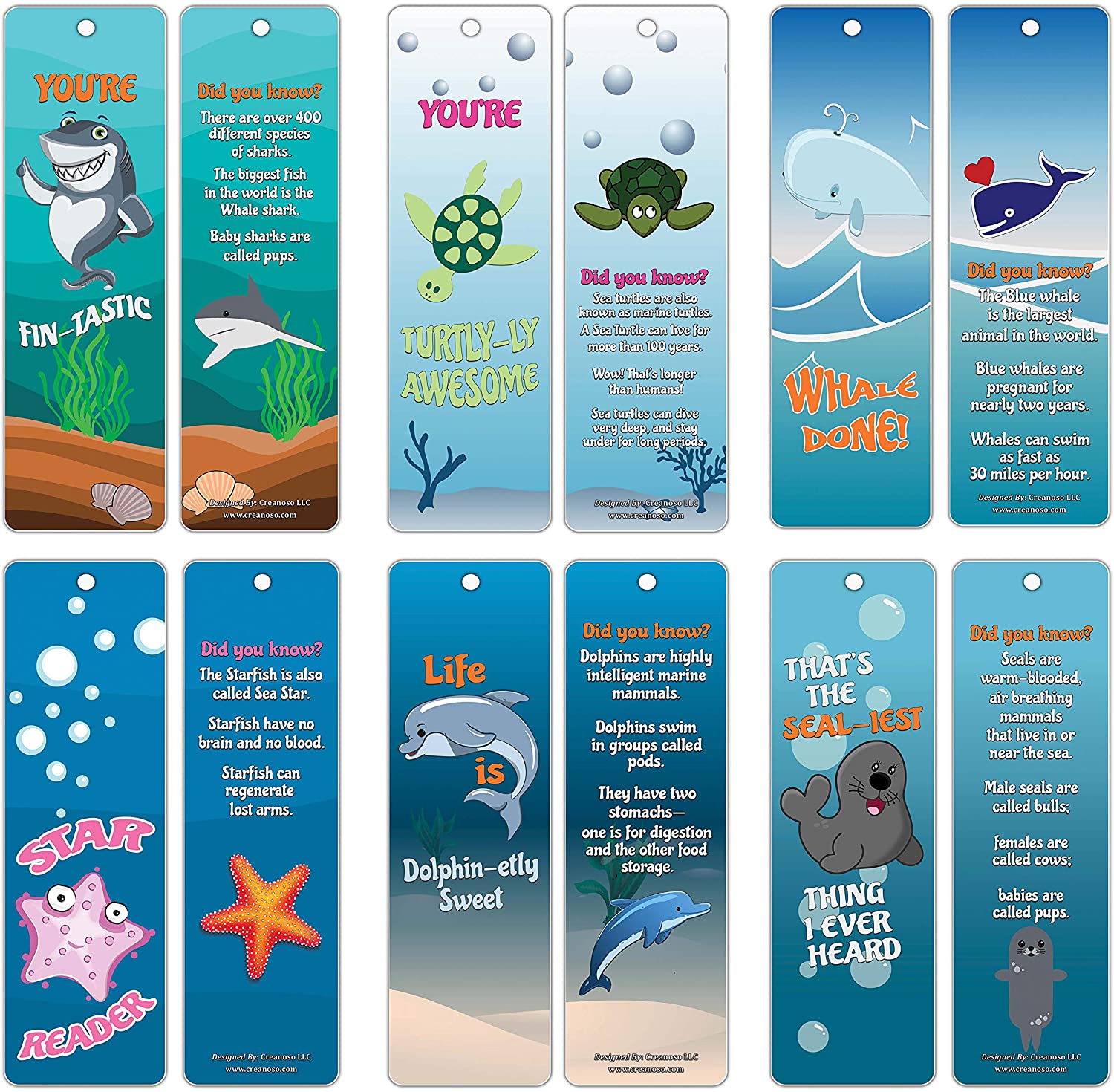 Creanoso Fun Learning Facts Under the Sea Bookmarks (30-Pack) Ã¢â‚¬â€œ Six Sea Creatures Facts Bookmark Design Bulk Set Ã¢â‚¬â€œ Premium Quality Book Clippers for Kids, Boys, Girls