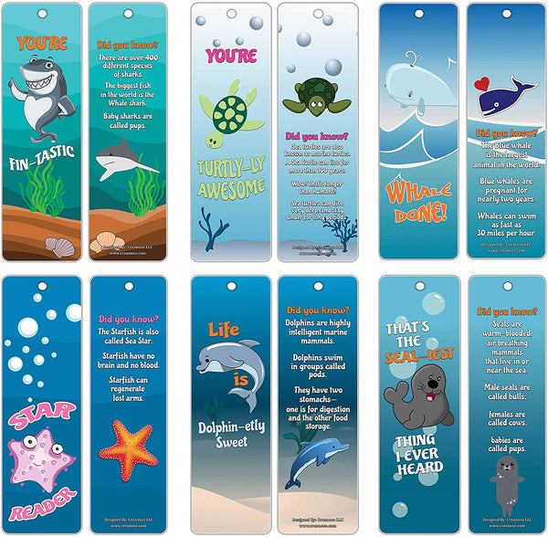 Creanoso Fun Learning Facts Under the Sea Bookmarks (30-Pack) Ã¢â‚¬â€œ Six Sea Creatures Facts Bookmark Design Bulk Set Ã¢â‚¬â€œ Premium Quality Book Clippers for Kids, Boys, Girls