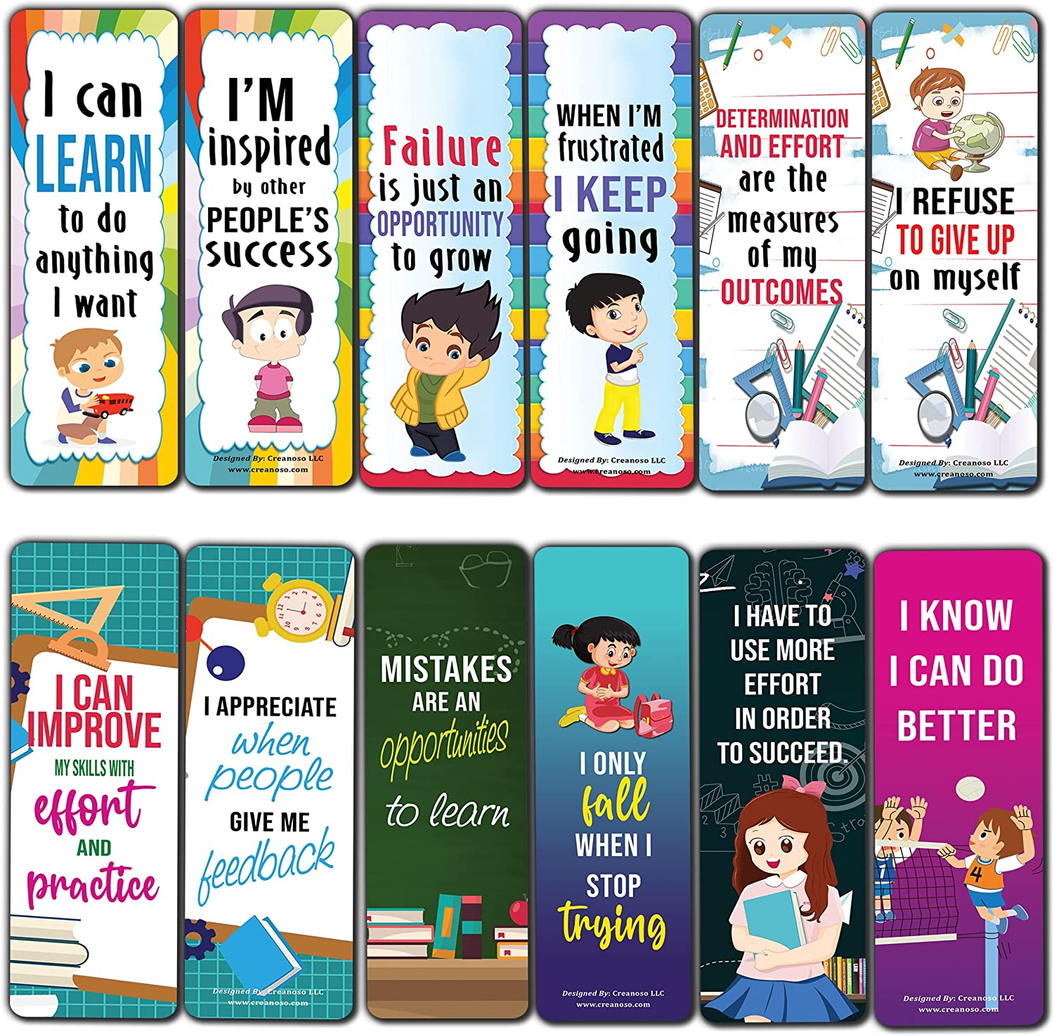 Creanoso Growth Mindset Bookmarks (10-Sets X 6 Cards) â€“ Daily Inspirational Card Set â€“ Interesting Book Page Clippers â€“ Great Gifts for Children and Teens