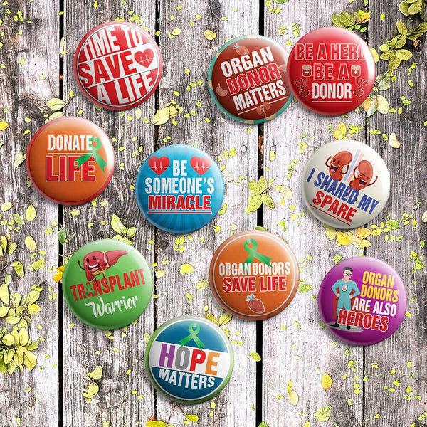 Organ Donor Pinback Buttons (1 Set x 10 Designs)