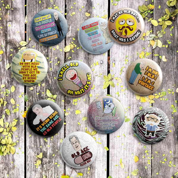 Creanoso Funny Old Age Button Pins (1-Set X 10 Buttons) - Stocking Stuffers Premium Quality Gift Ideas for Children, Teens, & Adults - Corporate Giveaways & Party Favors