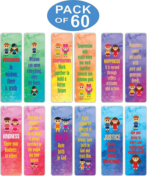 Creanoso Good Values Bookmarks for Kids Series 2 Bulk Pack (60-Pack) â€“ Great Party Favors Card Lot Set â€“ Epic Collection Set Book Page Clippers â€“ Cool Gifts for Children, Boys, Girls â€“ Teacher Rewards