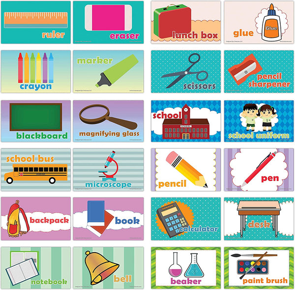 Creanoso Colorful School Words Learning Flashcards for Kids (60-Pack) â€“ Informational Language Learning Cards â€“ Unique Stocking Stuffers Gifts for Boys & Girls â€“ Teaching Material Tools