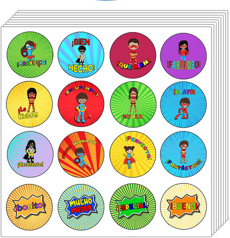 Creanoso Spanish Superhero Reward Stickers (10-Sheet) - Perfect Teacher Classroom Incentives & Rewards - Gift Idea for Children, Teens, Adults - Stocking Stuffers