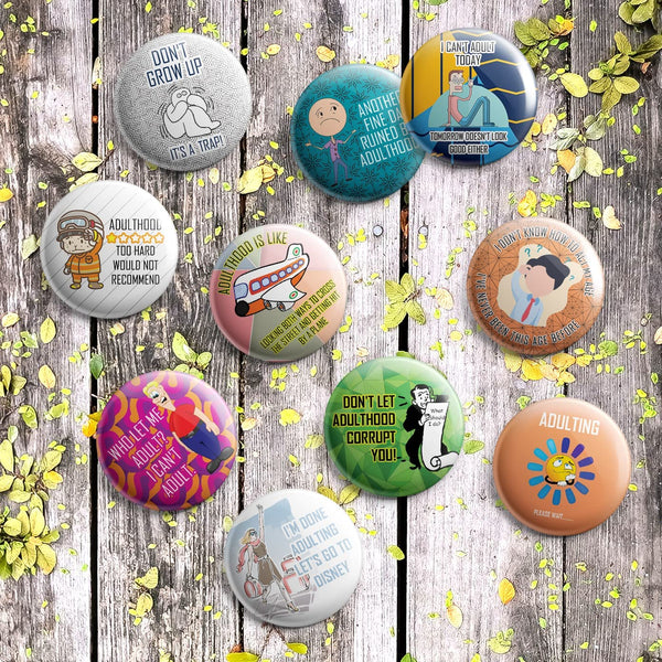 Creanoso Funny Adulthood Button Pins (1-Set X 10 Buttons) - Stocking Stuffers Premium Quality Gift Ideas for Children, Teens, & Adults - Corporate Giveaways & Party Favors