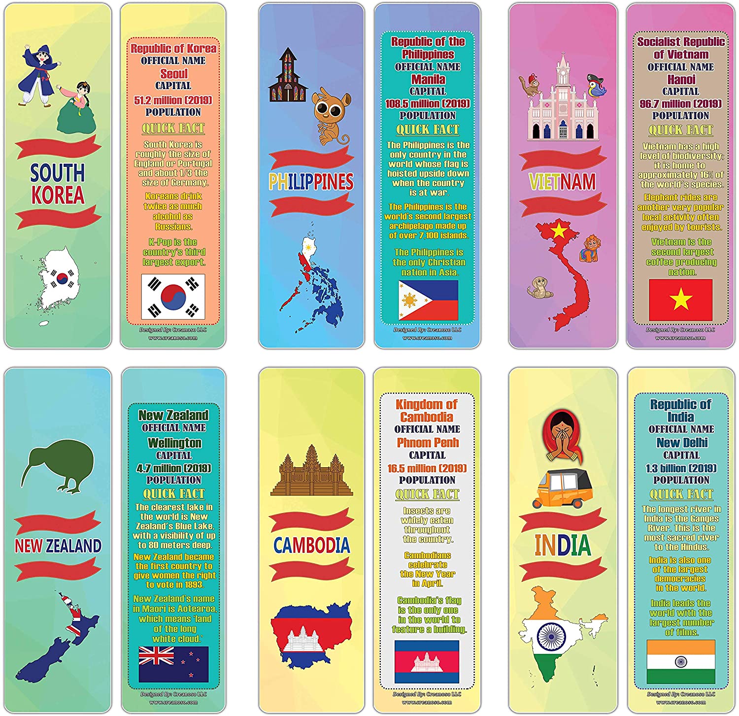 Creanoso Asia & Pacific Countries Facts Educational Series 2 Bookmarks (30-Pack) Ã¢â‚¬â€œ Unique Learning Facts Rewards Cards Ã¢â‚¬â€œ Awesome Educational Stocking Stuffers Gift Bookmarks for Students, Boys, Girls