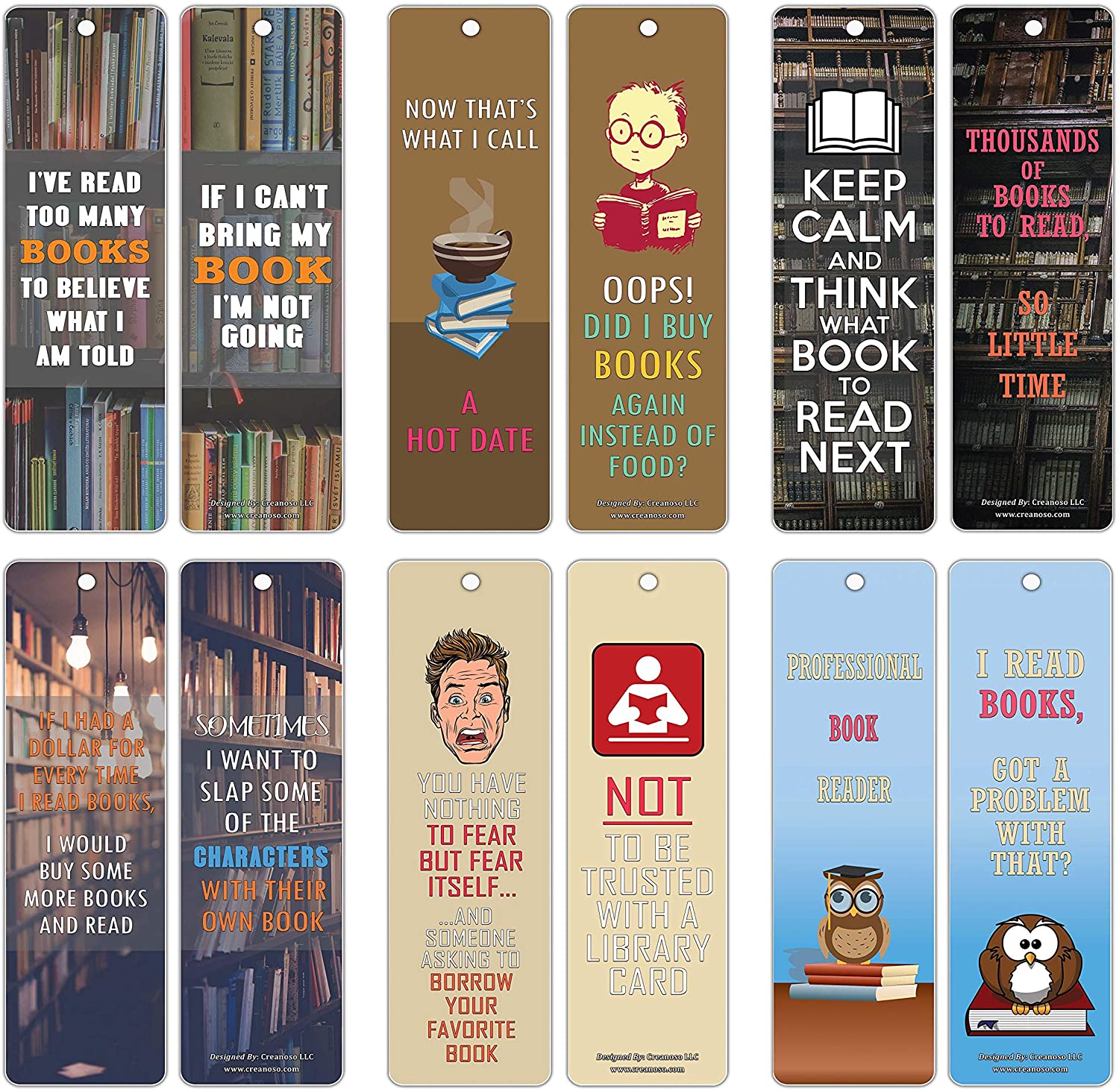 Creanoso Bookish Humor Sayings Quotes Bookmarkers (60-Pack) ÃƒÂ¢Ã¢â€šÂ¬Ã¢â‚¬Å“ Six Assorted Quality Bookmarks Bulk Set ÃƒÂ¢Ã¢â€šÂ¬Ã¢â‚¬Å“ Premium Gift for Men, Women, Adult, Book Readers ÃƒÂ¢Ã¢â€šÂ¬Ã¢â‚¬Å“ Awesome Bookmarks