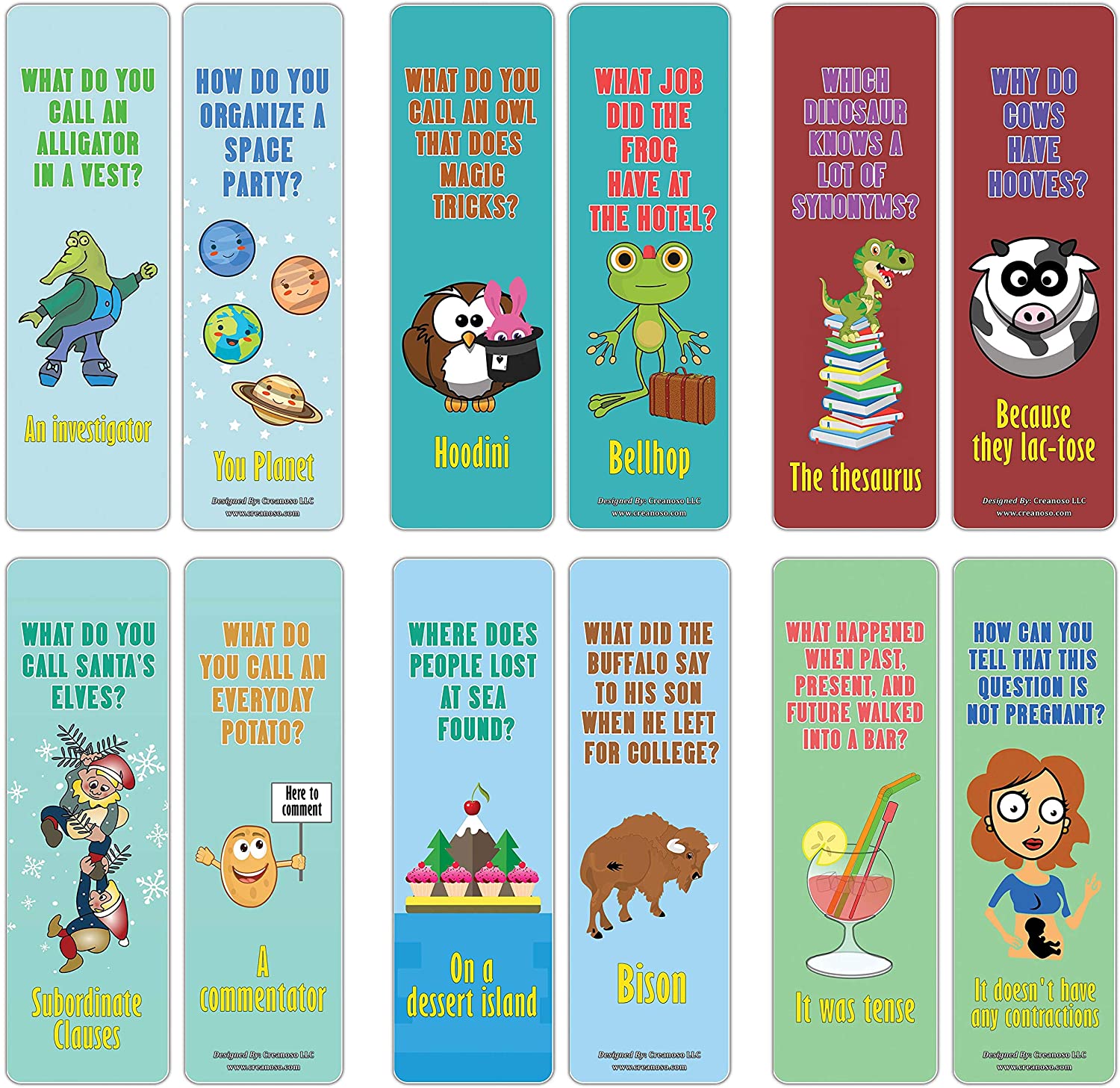 Creanoso Food Puns Funny Jokes Bookmarks (30-Pack) Ã¢â‚¬â€œ Six Assorted Quality Bookmarker Cards Set Ã¢â‚¬â€œ Premium Gift Token Giveaways for Boys & Girls, Men, Women, Adults Ã¢â‚¬â€œ Cool Book Page Clippers