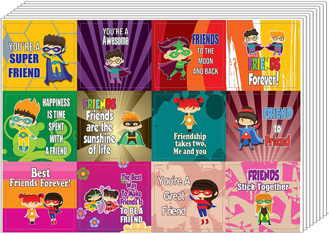 Creanoso Superhero Friendship Stickers (10-Sheet) â€“ Total 120 pcs (10 X 12pcs) Individual Small Size 2.1 x 2. Inches , Waterproof, Unique Personalized Themes Designs, Any Flat Surface DIY Decoration Art Decal for Boys & Girls, Children, Teens