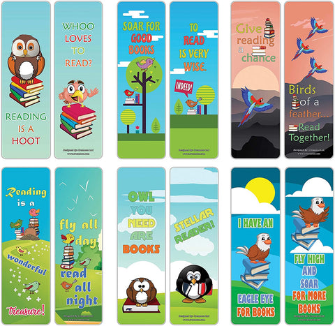 Creanoso Bird Reading Sayings Cute Bookmarks (60-Pack) ÃƒÂ¢Ã¢â€šÂ¬Ã¢â‚¬Å“ Six Assorted Quality Bookmarker Cards Bulk Set ÃƒÂ¢Ã¢â€šÂ¬Ã¢â‚¬Å“ Premium Gift for Kids, Boys, Girls, Teens, Young Bookworms ÃƒÂ¢Ã¢â€šÂ¬Ã¢â‚¬Å“ Premium Gift Tokens Set