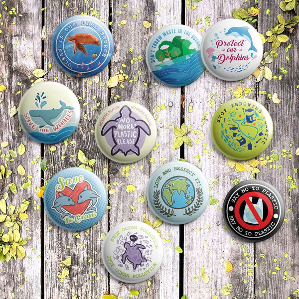 Protect Our Environment Pin Back Buttons - Save Our Ocean Sea Life (10 Pack)