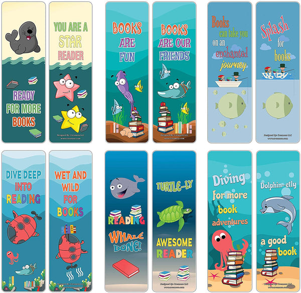 Creanoso Sea Creatures Reading Sayings Bookmarks (30-Pack) Ã¢â‚¬â€œ Six Assorted Quality Bookmarker Cards Bulk Set Ã¢â‚¬â€œ Premium Gift for Kids, Boys, Girls, Teens, Young Bookworms Ã¢â‚¬â€œ Premium Gift Tokens Set