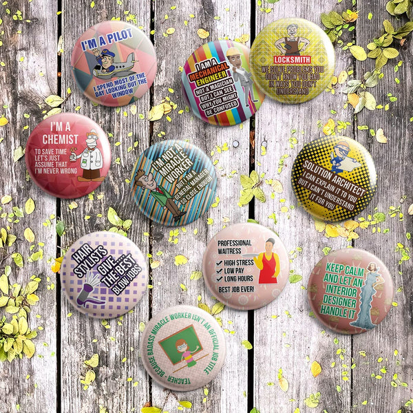 Creanoso Funny Profession Job Button Pins (1-Set X 10 Buttons) - Stocking Stuffers Premium Quality Gift Ideas for Children, Teens, & Adults - Corporate Giveaways & Party Favors
