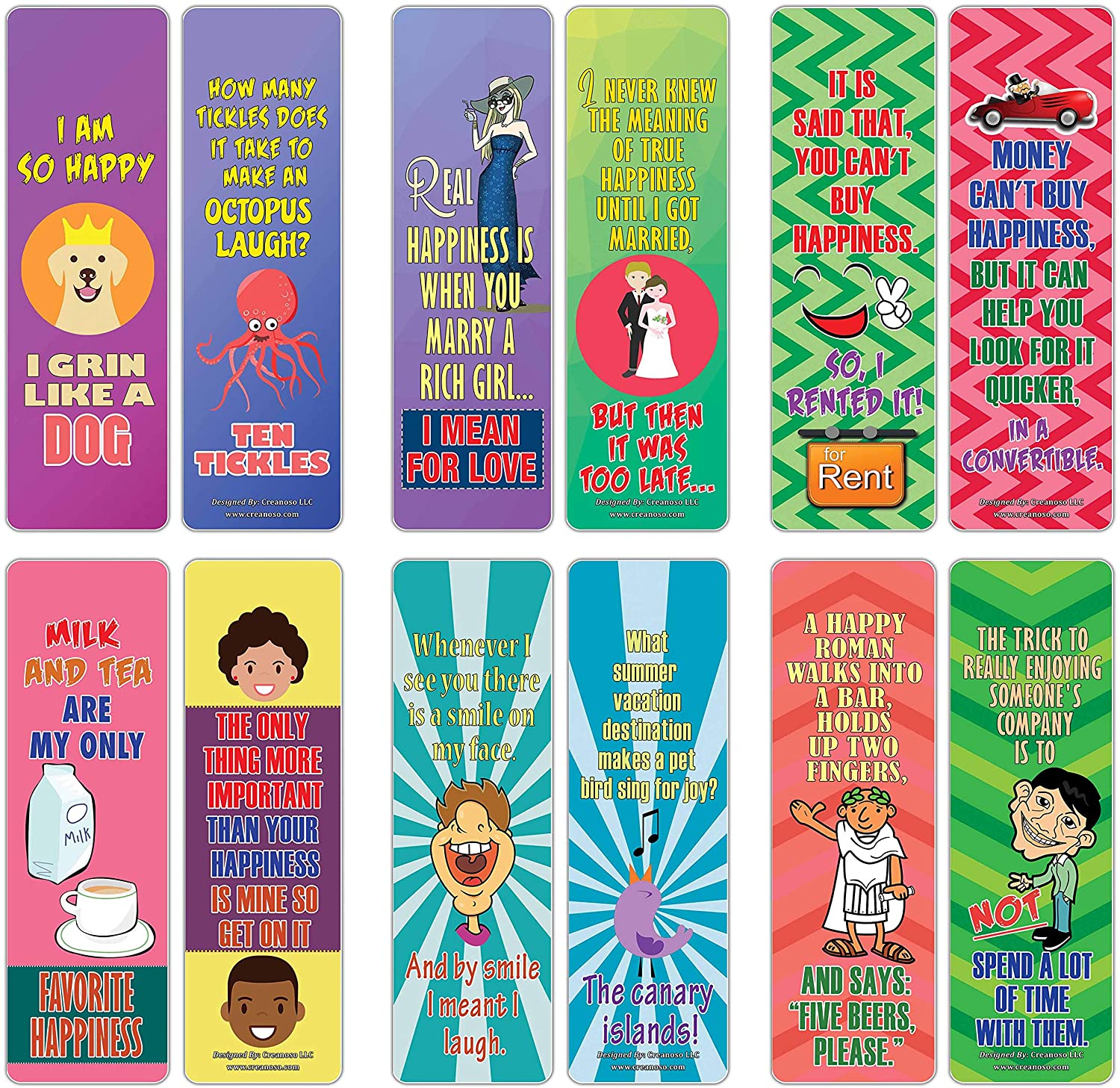 Creanoso Happiness One Liners Jokes Bookmarks Series 2 (30-Pack) Ã¢â‚¬â€œ Six Assorted Quality Bookmarker Cards Set Ã¢â‚¬â€œ Premium Gift Token Giveaways for Men, Women, Adults Ã¢â‚¬â€œ Cool Book Page Clippers