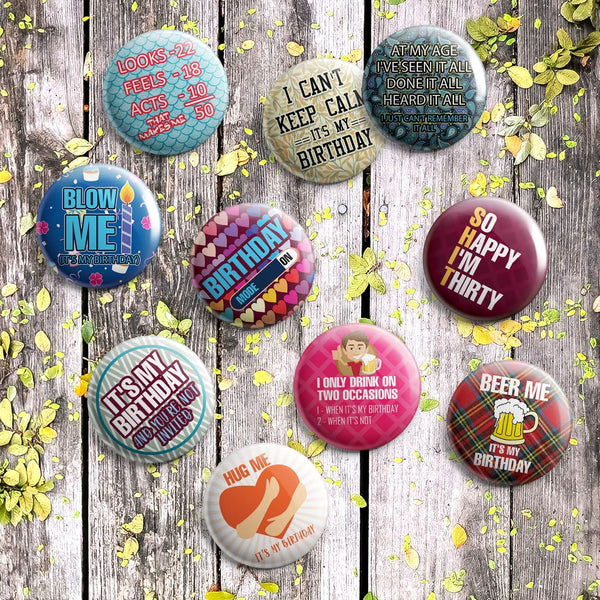 Creanoso Funny Birthday Button Pins (1-Set X 10 Buttons) - Stocking Stuffers Premium Quality Gift Ideas for Children, Teens, & Adults - Corporate Giveaways & Party Favors