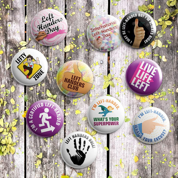 Left Handed Pinback Buttons (1 Set x 10 Designs)