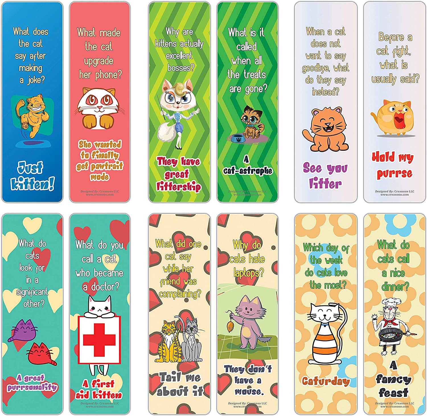 Creanoso Funny Cat Jokes Series 2 Bookmarks (30-Pack) â€“ Awesome Bookmarks for Bookworm, Bibliophiles â€“ Unique Book Reading Page Binders â€“ Stocking Stuffers Gifts Token Ideas for Cat Owners