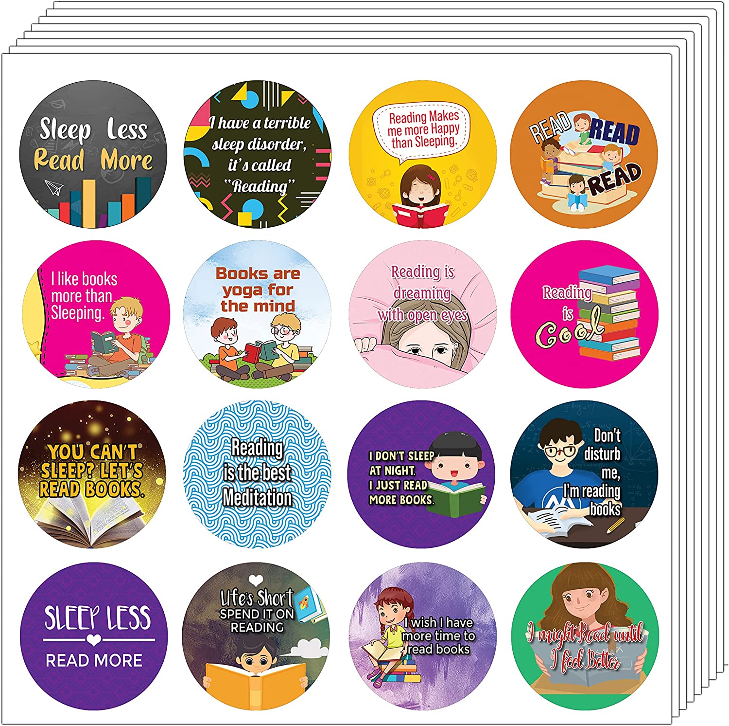 Creanoso Read More Sleep Less Round Stickers (5 Sets X 16 Designs) â€“ Sticker Card Giveaways for Kids â€“ Awesome Stocking Stuffers Gifts for Boys & Girls â€“ Classroom Home Rewards Enticements
