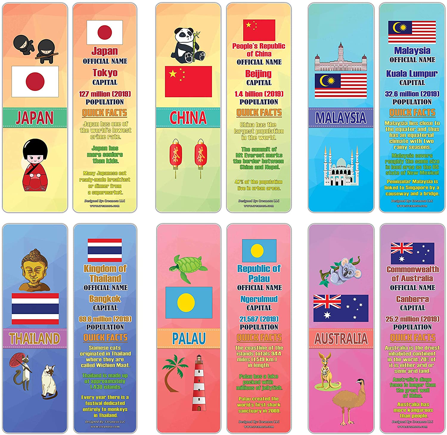 Creanoso Educational Facts Asia & Pacific Countries Learning Bookmarks (60-Pack) ÃƒÂ¢Ã¢â€šÂ¬Ã¢â‚¬Å“ Unique Reading Bookmarks Collection Set ÃƒÂ¢Ã¢â€šÂ¬Ã¢â‚¬Å“ Stocking Stuffers for Boys, Girls ÃƒÂ¢Ã¢â€šÂ¬Ã¢â‚¬Å“ Classroom Incentives - Giveaways