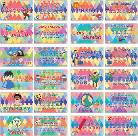 Creanoso Figures of Speech Ã¢â‚¬â€œ Oxymoron English Flashcards (72-Pack) Ã¢â‚¬â€œ Mini Educational Information Cards Set Ã¢â‚¬â€œ Unique Gift Set for Boys, Girls - Assorted Learning Giveaways Pack Ã¢â‚¬â€œ Informational Cards