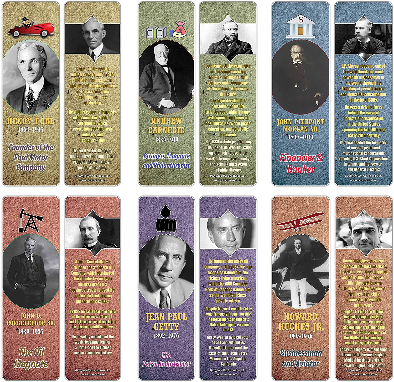 Creanoso Learning Facts Historical Famous Americans Industrialists Bookmarks (60-Pack) ÃƒÂ¢Ã¢â€šÂ¬Ã¢â‚¬Å“ Unique Teacher Stocking Stuffer Gifts for Boys, Girls, Kids, Teens, Students ÃƒÂ¢Ã¢â€šÂ¬Ã¢â‚¬Å“ Cool Fact Cards Giveaways