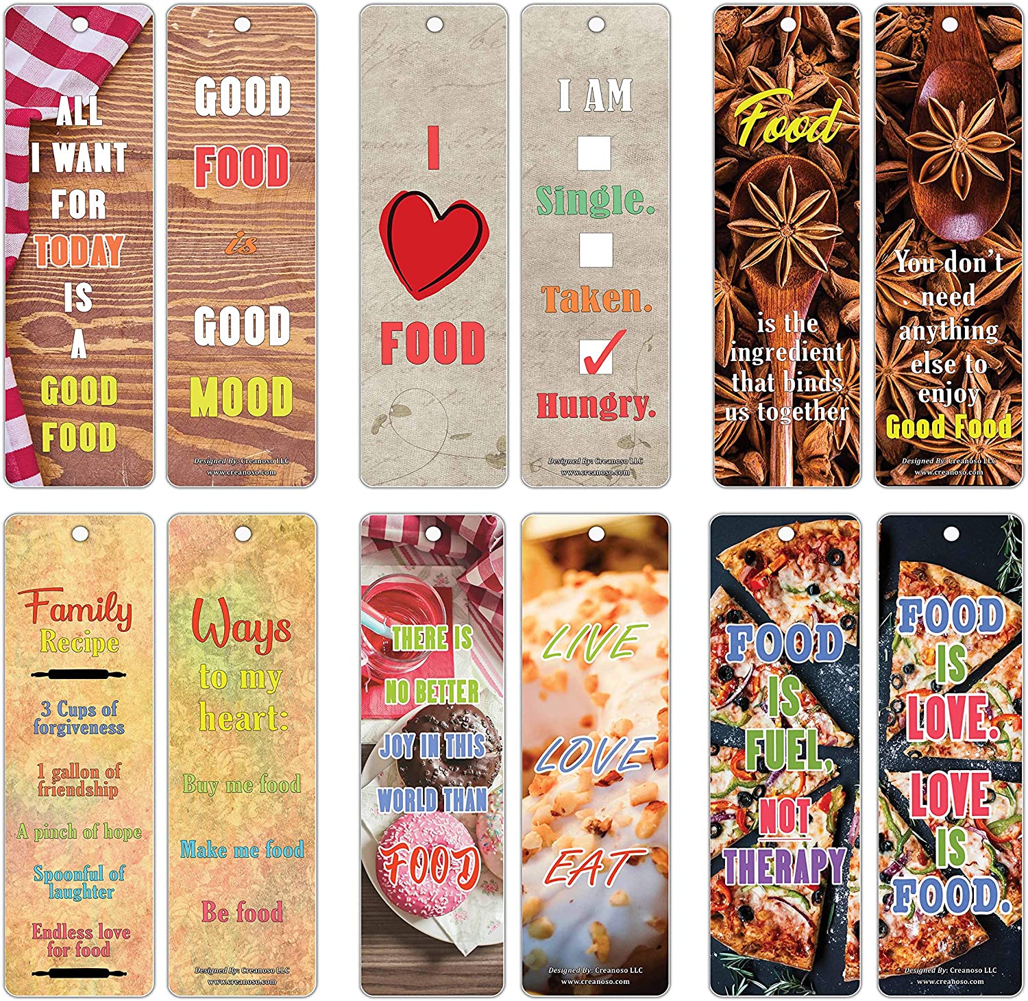 Creanoso Inspiring Inspirational Book Reading Food Lovers Bookmarkers (60-Pack) ÃƒÂ¢Ã¢â€šÂ¬Ã¢â‚¬Å“ Six Assorted Quality Bookmarks Bulk Set ÃƒÂ¢Ã¢â€šÂ¬Ã¢â‚¬Å“ Premium Gift for Chefs & Cooks ÃƒÂ¢Ã¢â€šÂ¬Ã¢â‚¬Å“ Awesome Bookmarks