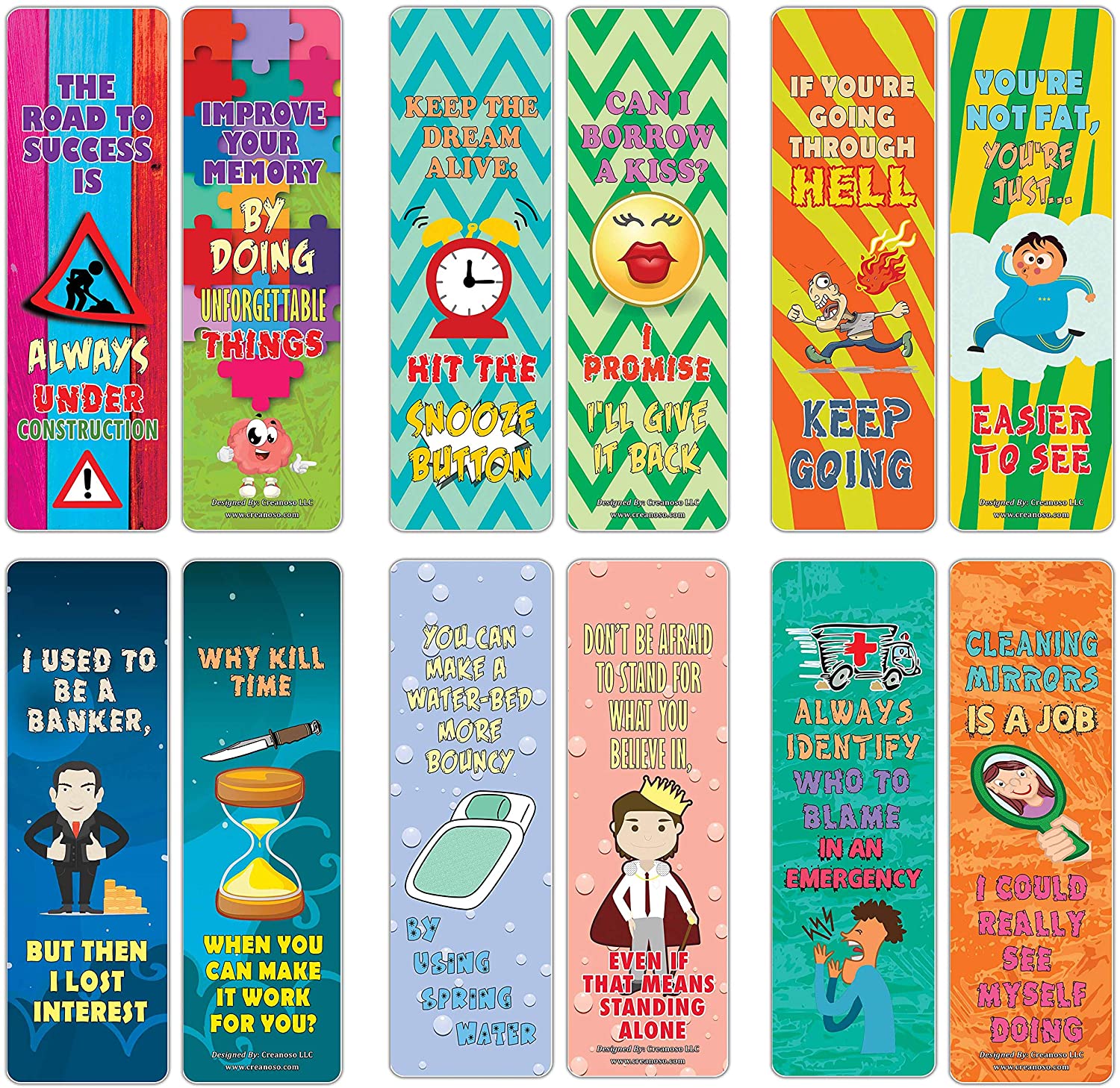 Creanoso Funny One Liners Jokes Motivational Bookmarks Series 1 (60-Pack) ÃƒÂ¢Ã¢â€šÂ¬Ã¢â‚¬Å“ Unique Stocking Stuffers Gifts for Men, Women, Unisex Adults ÃƒÂ¢Ã¢â€šÂ¬Ã¢â‚¬Å“ Cool Book Page Clippers Collection Set ÃƒÂ¢Ã¢â€šÂ¬Ã¢â‚¬Å“ Awesome Giveaways
