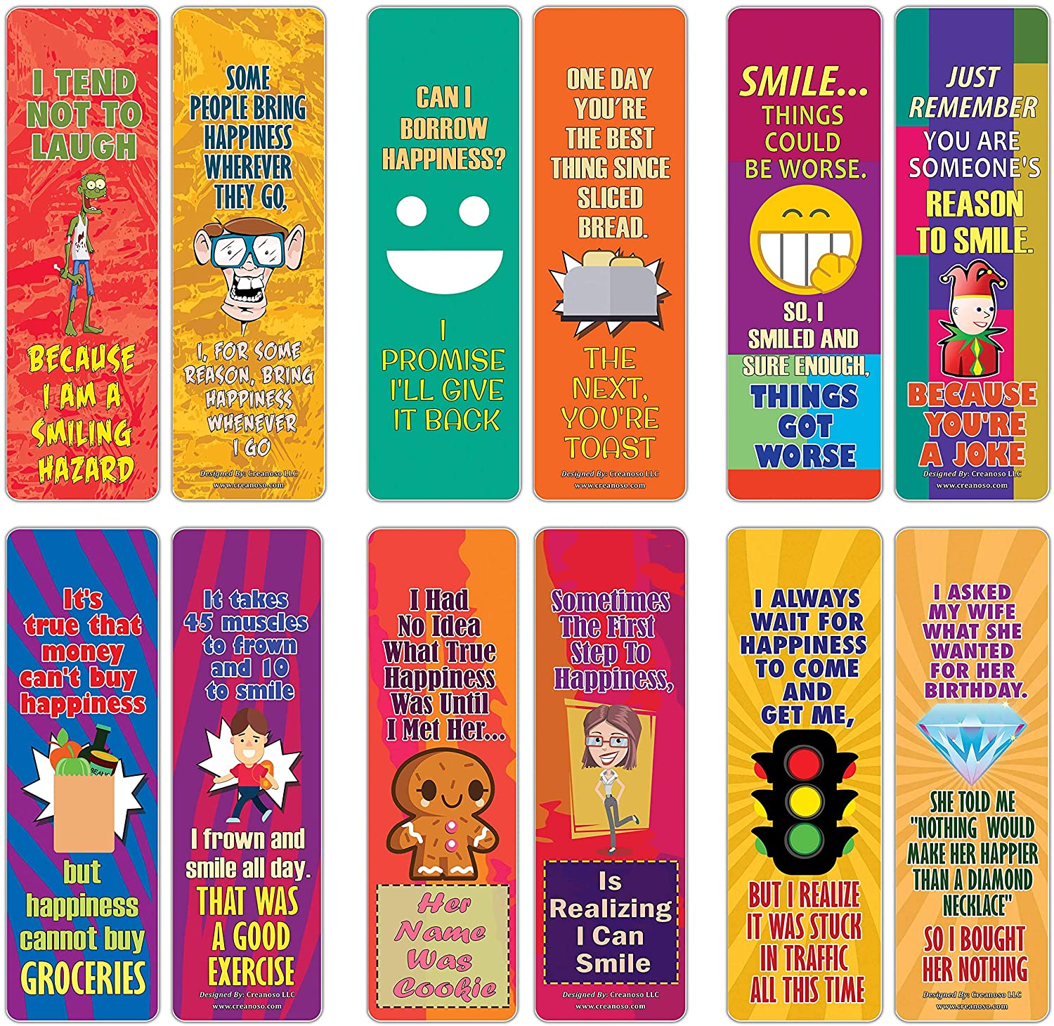 Creanoso Happiness One Liners Jokes Bookmarks Series 3 (60-Pack) ÃƒÂ¢Ã¢â€šÂ¬Ã¢â‚¬Å“ Six Assorted Quality Bookmarker Cards Set ÃƒÂ¢Ã¢â€šÂ¬Ã¢â‚¬Å“ Premium Gift Token Giveaways for Men, Women, Adults ÃƒÂ¢Ã¢â€šÂ¬Ã¢â‚¬Å“ Cool Book Page Clippers