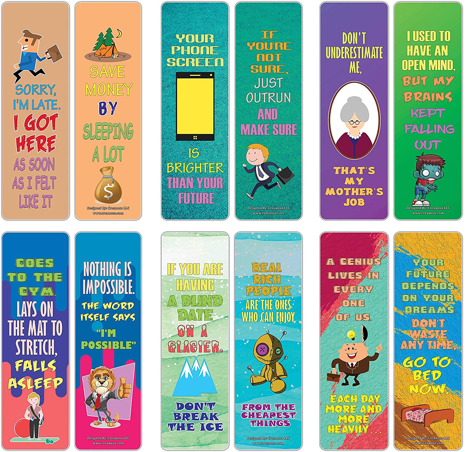 Creanoso Motivational Jokes One Liners Bookmarks Series 3 (60-Pack) ÃƒÂ¢Ã¢â€šÂ¬Ã¢â‚¬Å“ Six Assorted Bulk Pack Book Page Clippers ÃƒÂ¢Ã¢â€šÂ¬Ã¢â‚¬Å“ Great Stocking Stuffers Gifts for Men, Women, Book Readers ÃƒÂ¢Ã¢â€šÂ¬Ã¢â‚¬Å“ Unique Token Giveaways