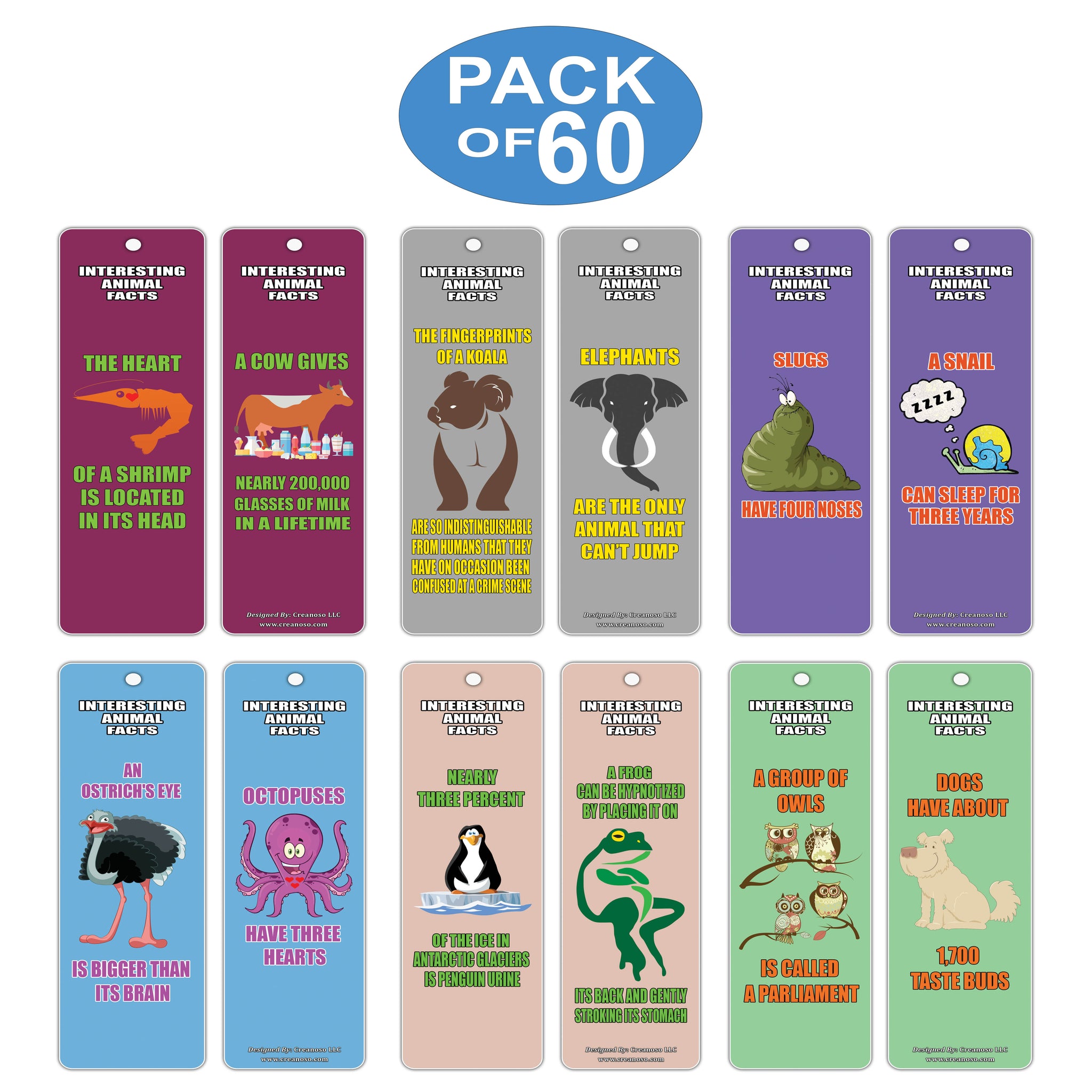 Creanoso Reading Learning Animal Facts Series 1 Bookmark Cards (60-Pack) ÃƒÆ’Ã‚Â¢ÃƒÂ¢Ã¢â‚¬Å¡Ã‚Â¬ÃƒÂ¢Ã¢â€šÂ¬Ã…â€œ Premium Assorted Set