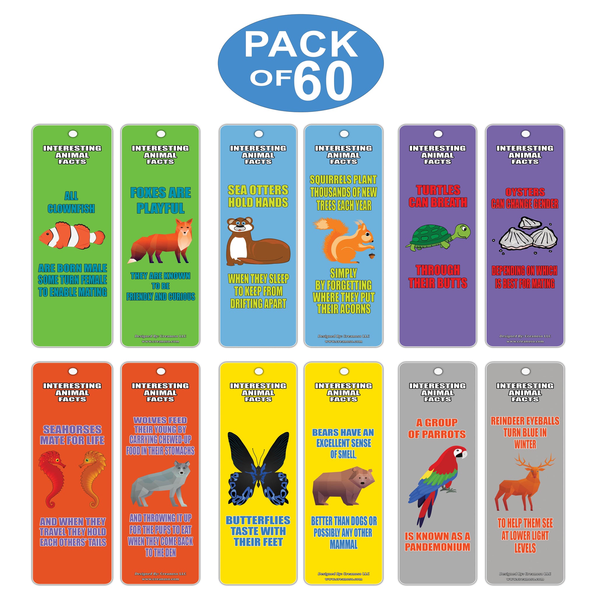 Creanoso Read and Learn About Animals Series 2 Bookmarks (60-Pack) ÃƒÆ’Ã‚Â¢ÃƒÂ¢Ã¢â‚¬Å¡Ã‚Â¬ÃƒÂ¢Ã¢â€šÂ¬Ã…â€œ Fun Learning Collection Cards