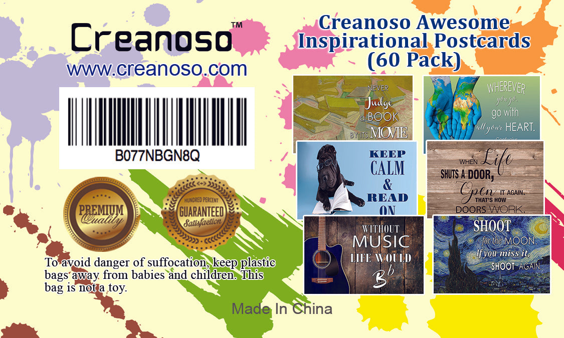 Creanoso Awesome Inspirational Postcards Set (60 Pack) - unique designs with success inspired messages, Great gift for encouraging and inspiring Men Women Teens Boys Girls