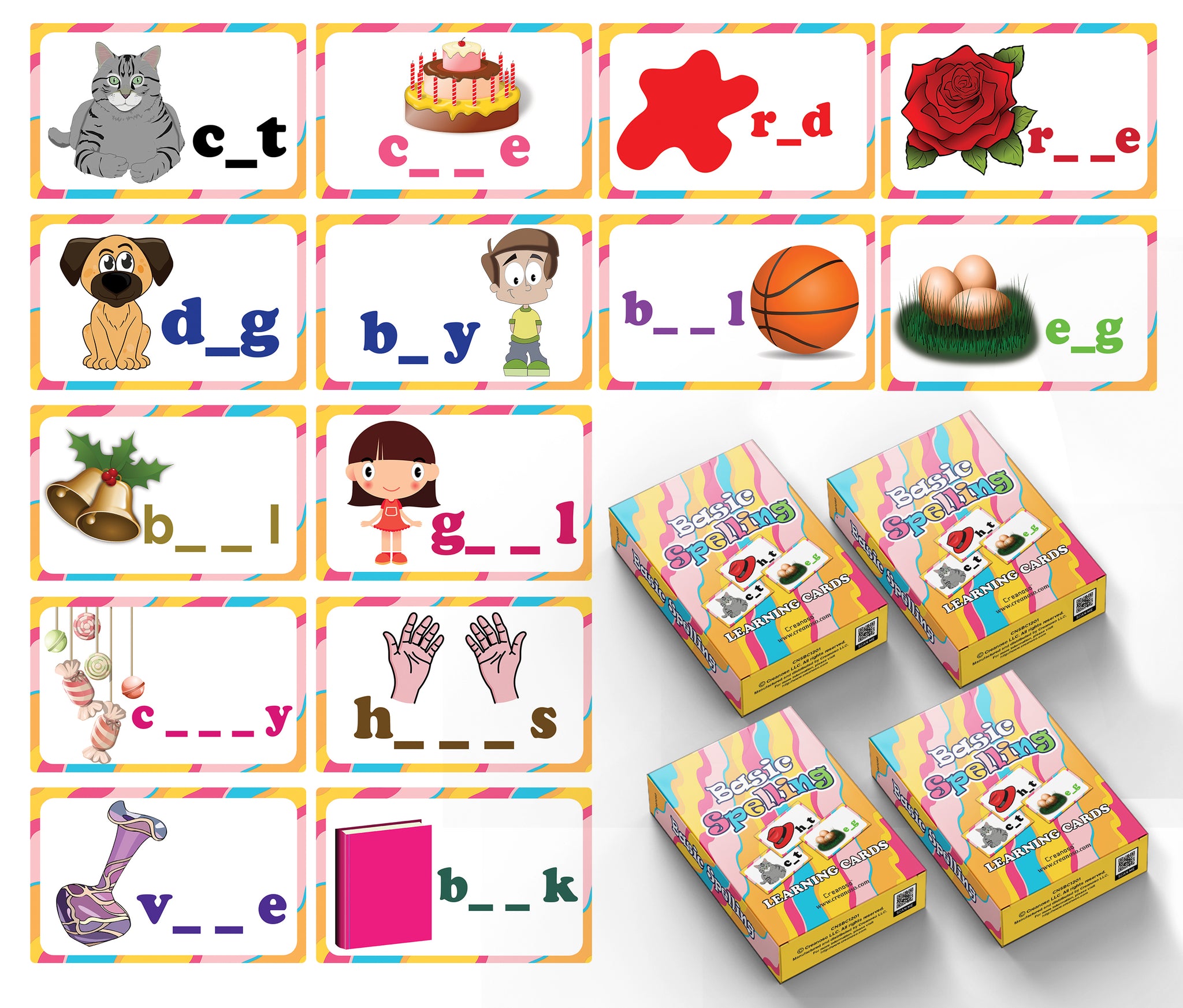 Creanoso Basic Spelling Learning Cards for Kids Bulk Set (4-Deck) â€“ Great Bulk Buy Value Savers Teaching Assistant Tool - Stocking Stuffers Gifts for Boys Girls Home Activities