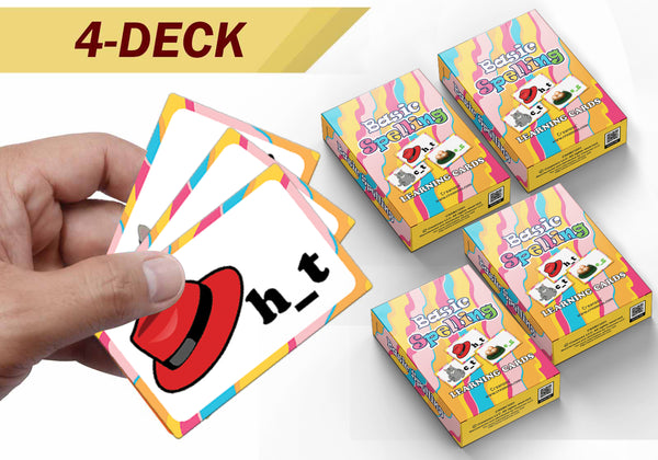 Creanoso Basic Spelling Learning Cards for Kids Bulk Set (4-Deck) â€“ Great Bulk Buy Value Savers Teaching Assistant Tool - Stocking Stuffers Gifts for Boys Girls Home Activities