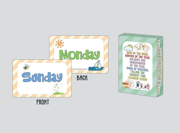 Creanoso Days of the Week, Months of the Year Holidays and Observances of the Year, Kinds of Weather, Telling the Correct Time Learning Cards (1-Deck) - Stocking Stuffers Flashcards for Children