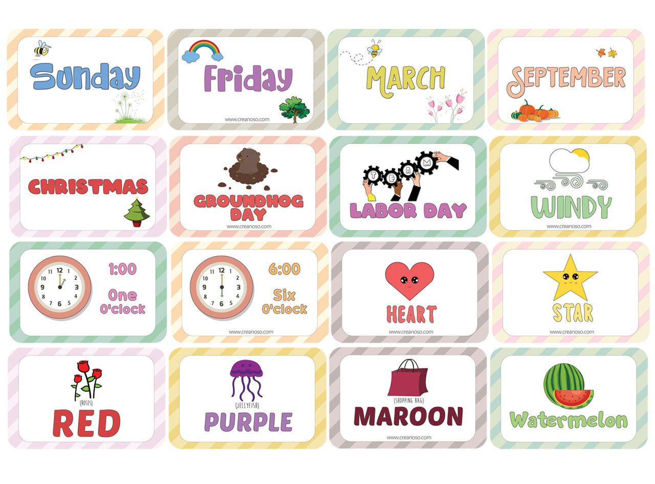 Creanoso Days of the Week, Months of the Year Holidays and Observances of the Year, Kinds of Weather, Telling the Correct Time Learning Cards (1-Deck) - Stocking Stuffers Flashcards for Children