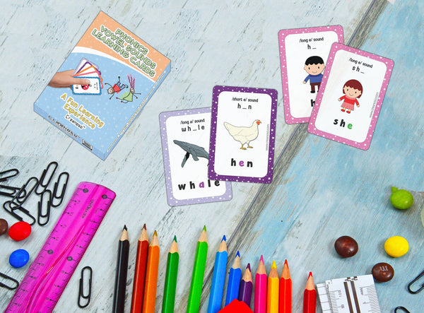 Creanoso Phonics Vowel Sounds Learning Cards (1-Deck) - Stocking Stuffers Educational Flashcards for Children â€“ Perfect Parents Teachers Teaching Assistance Tool for Home Classroom Day Care Nursery