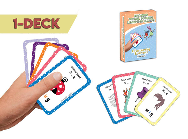 Creanoso Phonics Vowel Sounds Learning Cards (1-Deck) - Stocking Stuffers Educational Flashcards for Children â€“ Perfect Parents Teachers Teaching Assistance Tool for Home Classroom Day Care Nursery