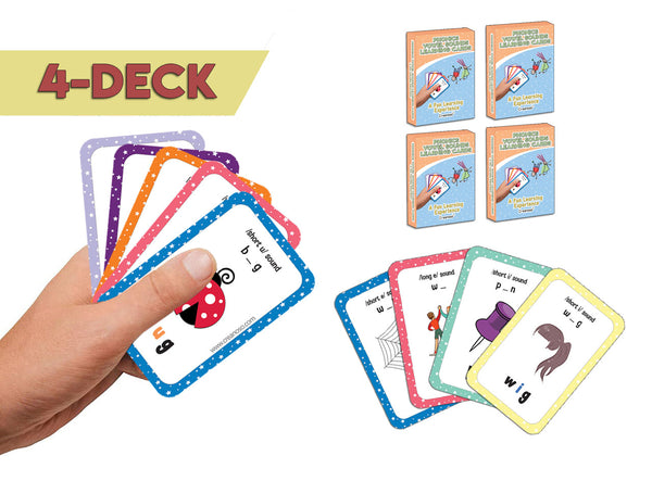 Creanoso Phonics Vowel Sounds Learning Cards for Kids Bulk Set (4-Deck) â€“ Great Bulk Buy Value Savers Teaching Assistant Tool - Stocking Stuffers Gifts for Boys Girls Home Activities