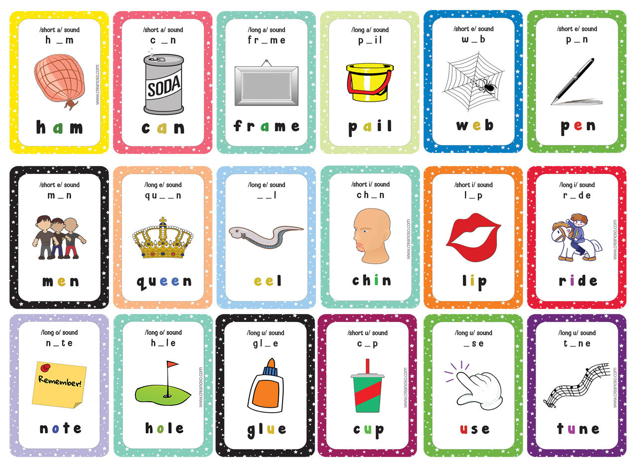 Creanoso Phonics Vowel Sounds Learning Cards for Boys Girls (2-Deck) â€“ Learning Day Care Classroom Nursery Home Teaching Supplementary Educational Card Pack for Parent Teachers Boys Girls