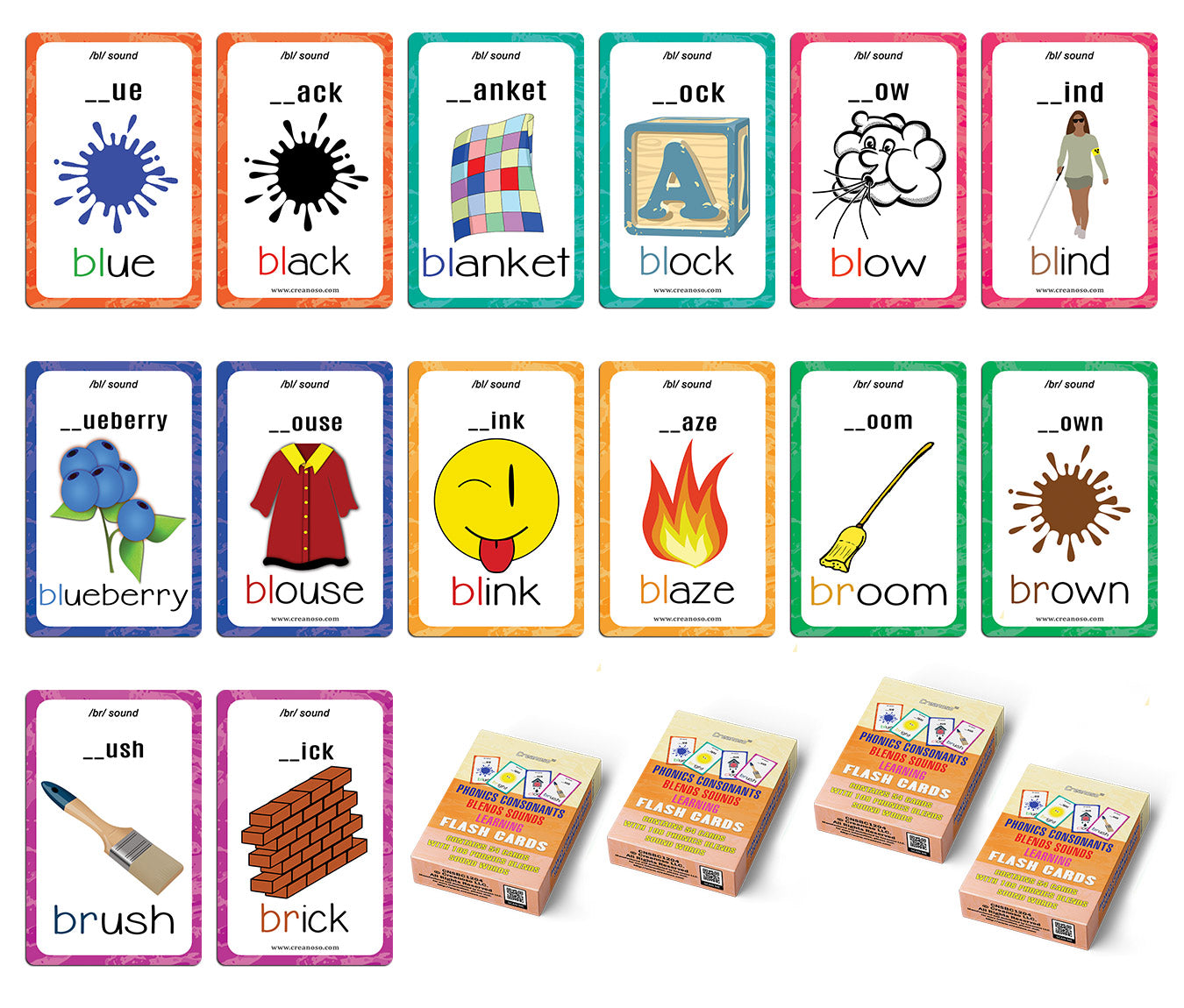 Creanoso Phonics Consonant Blends Sounds Learning Cards for Kids Bulk Set (4-Deck) - Pretty Favors Decor Decal Supply - Stocking Stuffers Gifts for Boys Girls Christmas Holidays Activities