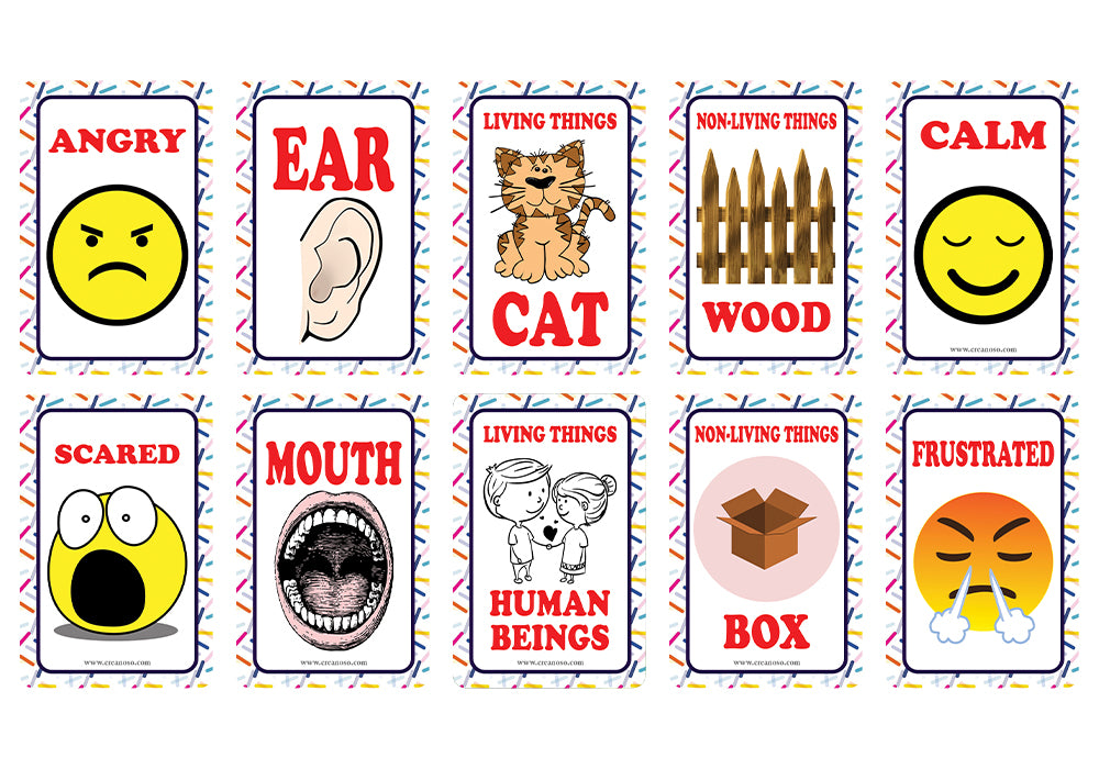 Creanoso Kinds of Emotions, Parts of the Body and Living Nonliving Things Learning Cards for Boys Girls Learning Cards for Kids Bulk Set (4-Deck) â€“ Gifts for Boys Girls Home Activities
