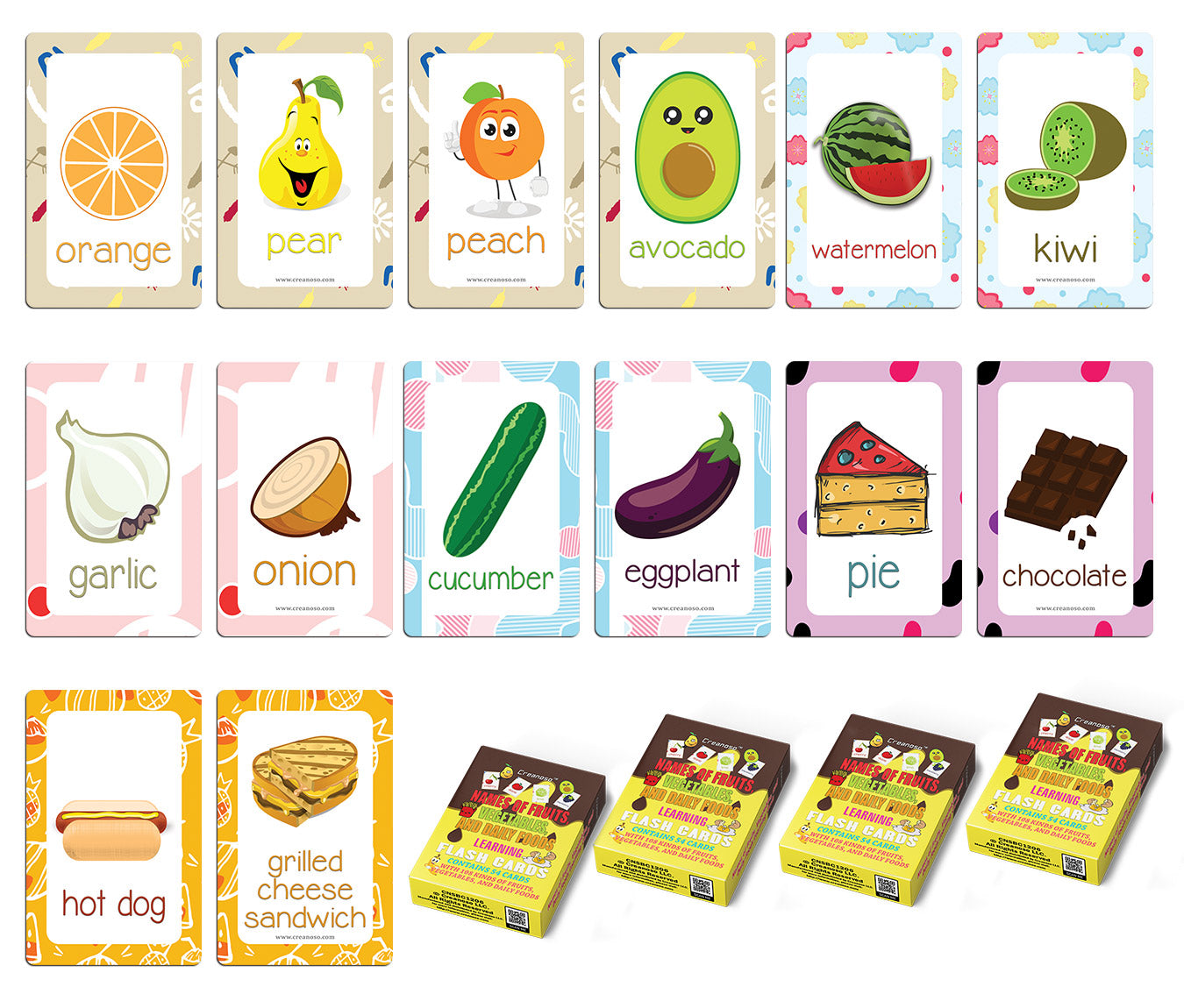 Names of Fruits, Vegetables, and Daily Foods Learning Cards (4-Deck)